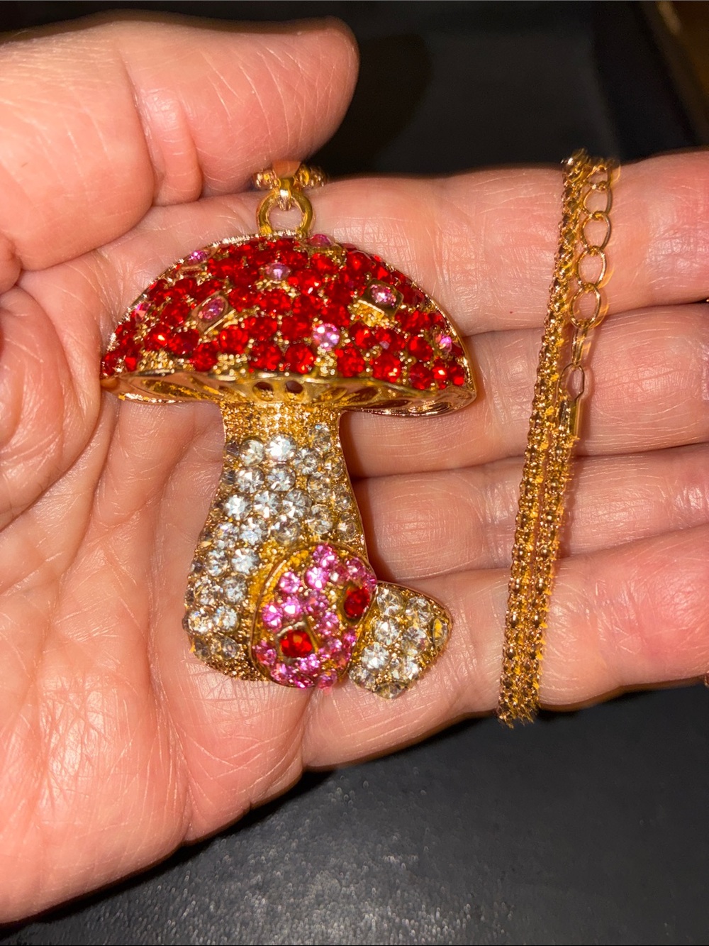 Red Crystal Mushroom Gold-Tone Pendant Necklace